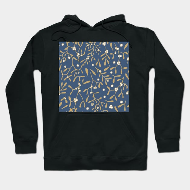 golden mistletoe and berries on dark cobalt blue seamless repeat pattern Hoodie by colorofmagic